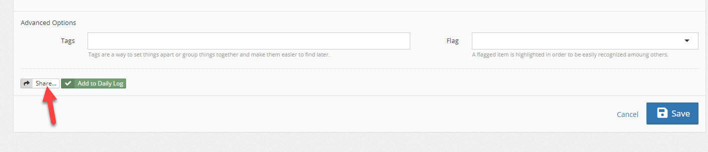 Given that you have permissions to send messages and are in an application that supports messages, when you are creating a new entry, locate the Share button at the bottom of the form: