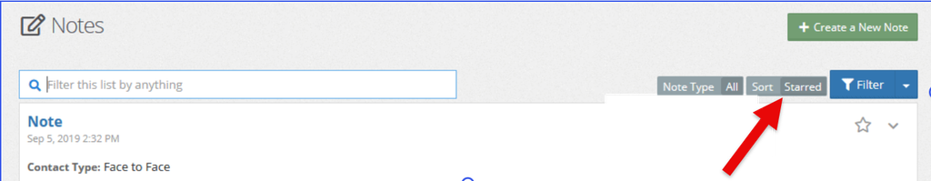 You can choose from any of the following sort options:

Starred: Allows you to see notes you have starred for later review by date (newest first), and then additional notes by date (newest first)

Date (newest first): Sorts by most recent entries first

Date (oldest first): Sorts by oldest entries first

Note Type (A-Z): Sorts by the title of the note type from A-Z

Note Type (Z-A): Sorts by the title of the note type from Z-A

To apply the sort, select the blue filter button on the right.