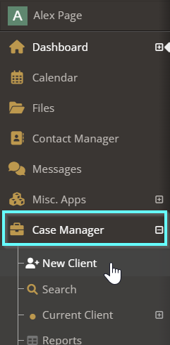 Screenshot of the main lefthand menu of YouthCenter. Main applications are listed in white text on a brown background with an accompanying amber icon: Dashboard, Calendar, Files, Contact Manager, Messages, Misc. Apps, Case Manager. Case Manager is highlighted with a seafoam box graphic. The Case Manager is expanded and showing sub-applications New Client, Search, Current Client. the hand shaped cursor is hovering over + New Client.