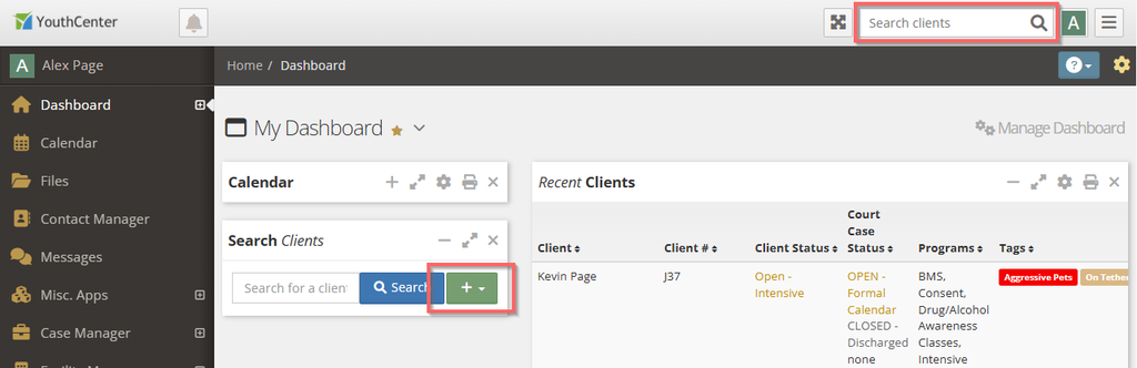 YouthCenter dashboard with two red box graphics, one around the Search clients bar in the top navigation and one around the add-new button in the Search Clients dashboard widget