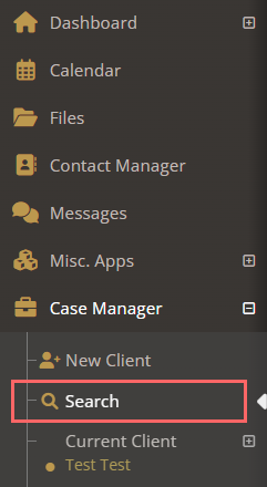 Screenshot of the main menu of YouthCenter with the Case Manager expanded, showing a few sub applications: New Client, Search, and Current Clients under it. Text is light grey on a brown background with amber icons. Search is highlighted with a red box graphic.