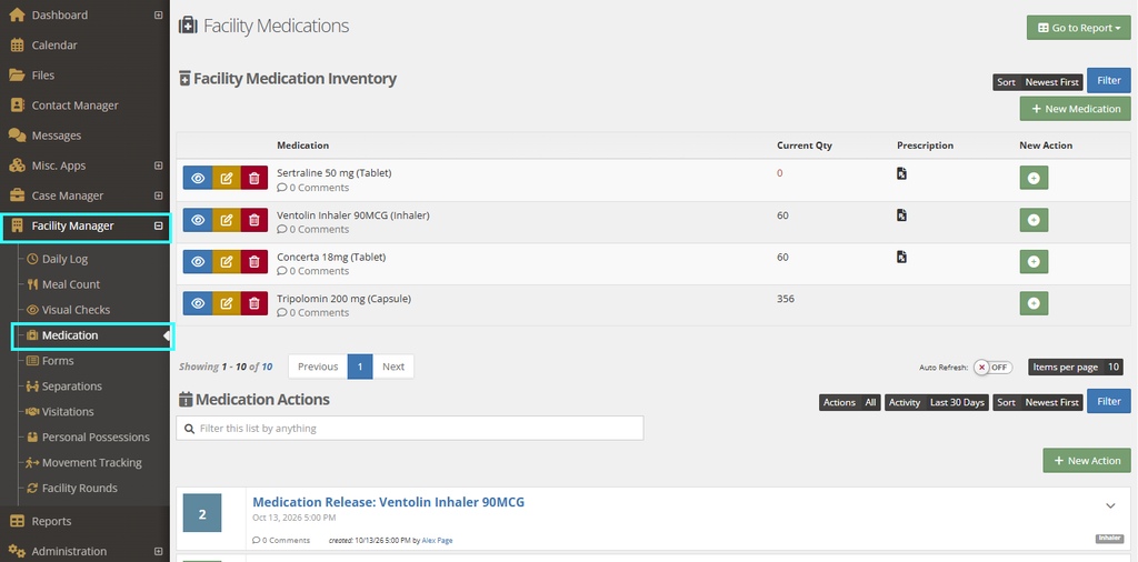 Facility Medications page showing the Facility Medication Inventory and Medication Actions sections, with Facility Manager and Medication highlighted in a light cyan graphic box  in the left navigation menu