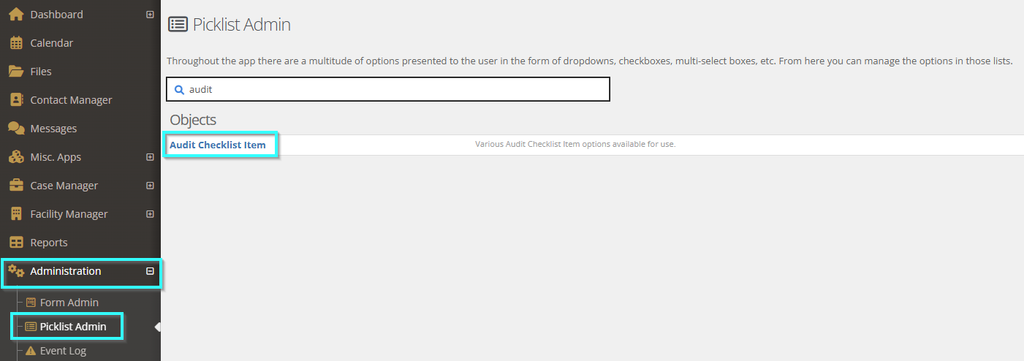 Picklist Admin page with audit typed in the search box and Audit Checklist Item listed under Objects, with light cyan box graphics around Administration, Picklist Admin and the Audit Checklist Item result