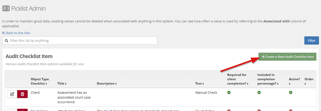 Picklist Admin page for Audit Checklist Item with a red arrow graphic pointing to the green Create a New Audit Checklist Item button