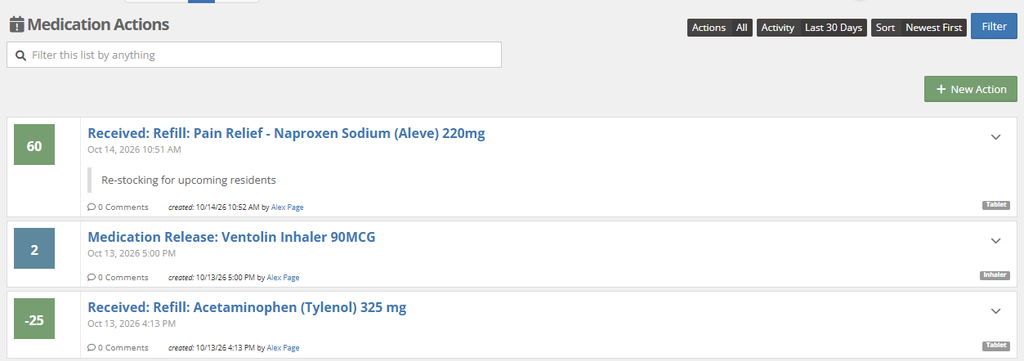 Medication Actions list with Filter, Sort and Actions controls and a New Action button, showing two received medication actions each with its quantity, date, notes and created-by line and one medication release action with quantity, date, notes and created-by line 