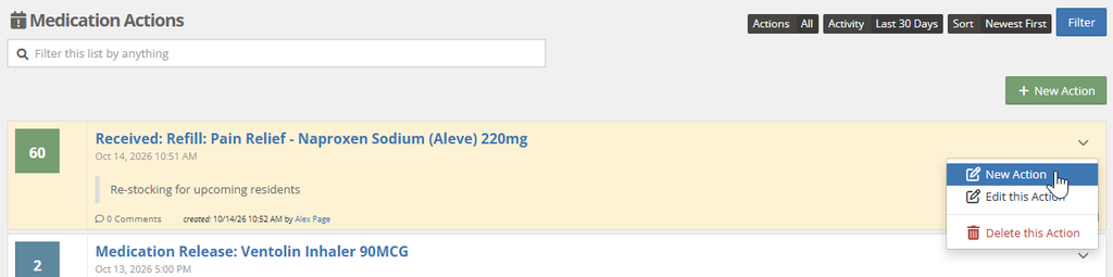Action drop-down menu open on a medication action, listing New Action, Edit this Action and Delete this Action, with New Action highlighted in blue