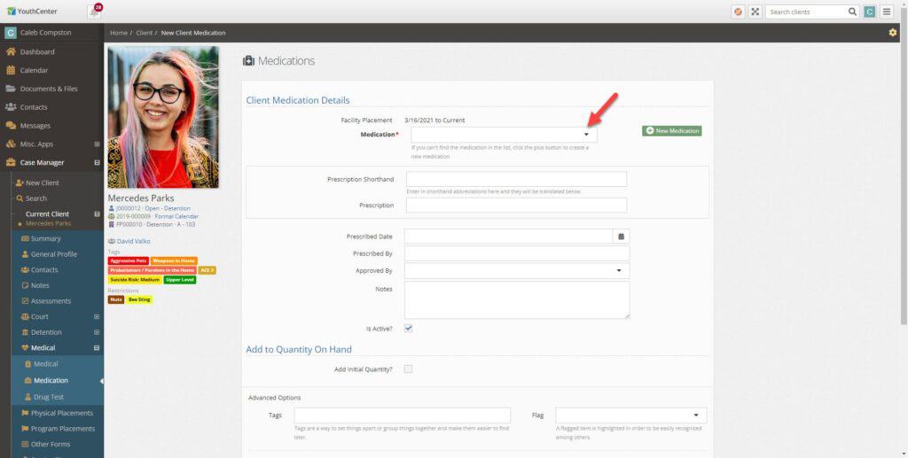 New Client Medication form with the Medication drop-down empty and a red arrow graphic pointing to its drop-down arrow, above the Prescription, Prescribed Date, Prescribed By, Approved By and Notes fields, with a green New Medication button to the right