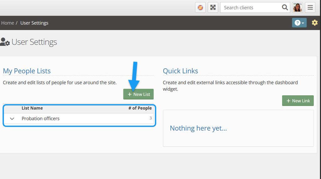 You will then see any My People lists you have created and a button to create new lists.