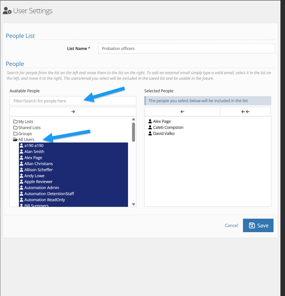 Name the list and then use the search box OR expand the All Users folder to find an individual you wish to add to the new list.