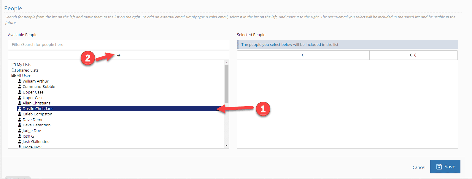 Select the down caret next to the list you wish to edit and press edit.

To add an individual or individuals to a list, select them, and then press the right arrow located above the people list