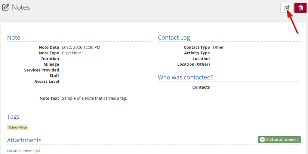 Screenshot of the YouthCenter interface where the user is viewing an existing Note. There is a white Edit Icon with notepad and pencil and a red Delete icon with a trash icon. A red arrow graphic points to the Edit icon.