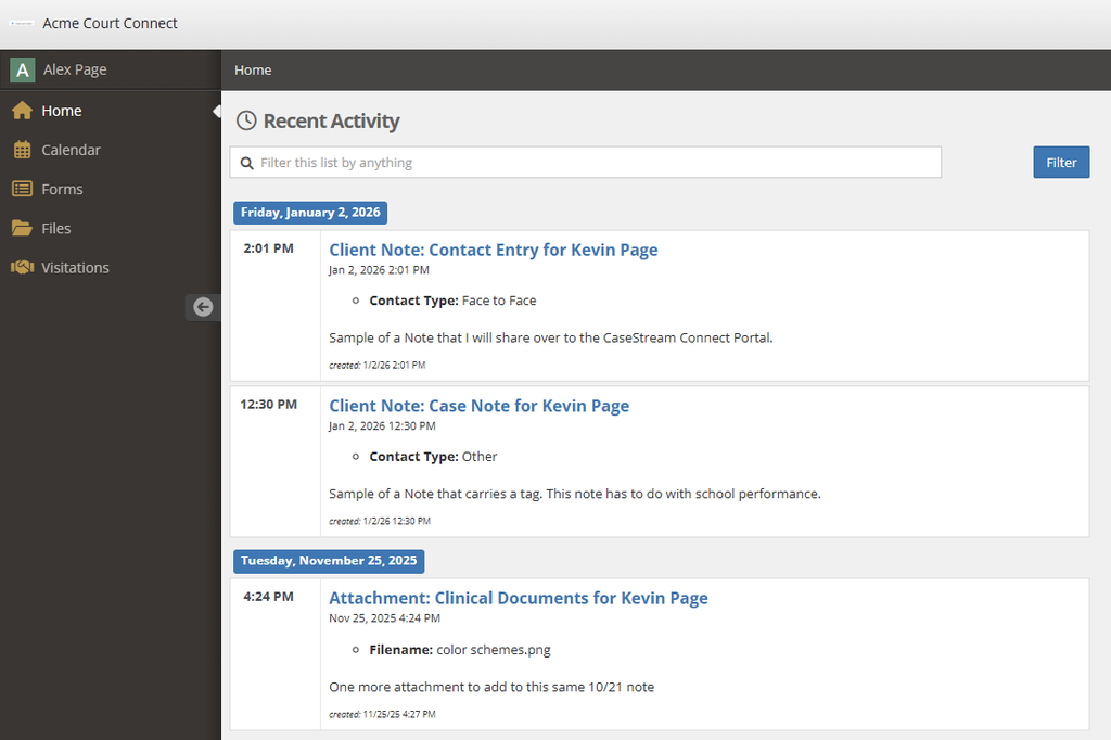 Screenshot of the home page for the CaseStream Connect Portal. The menu on the left has a dark brown background with pale text, just like YouthCenter. There are five applications available with amber icons next to the titles: Home, Calendar, Forms, Files, and Visitations. Home is highlighted, and the main screen shows Recent Activity with a few items grouped by date. The most recent date is on top and each date's items have the most recent items in the bottom of the group.