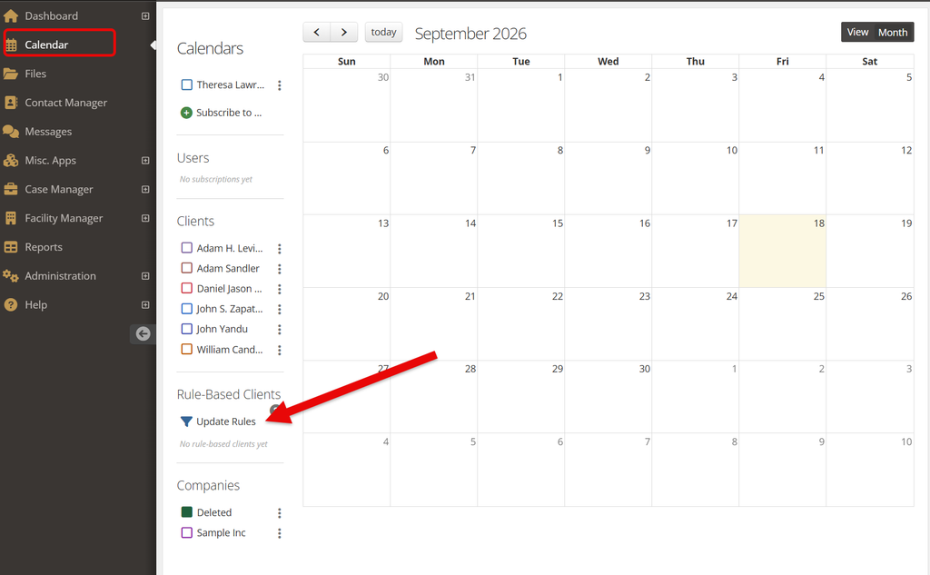 Rule-Based Clients section.
Clicking on that section will open up the filtering options for which clients' calendars you see in your calendar view.