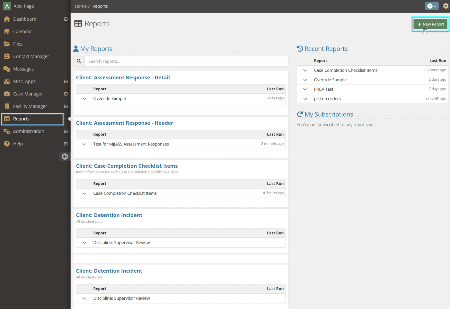 Navigate to the Reports application of YouthCenter and choose the green + New Report button: