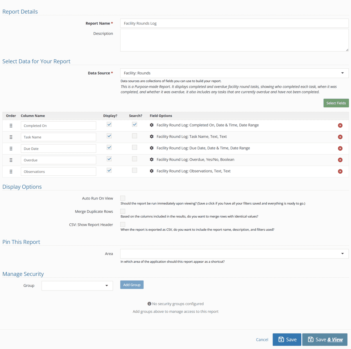 After you choose the fields and mark off any Search options, click Save & View:
