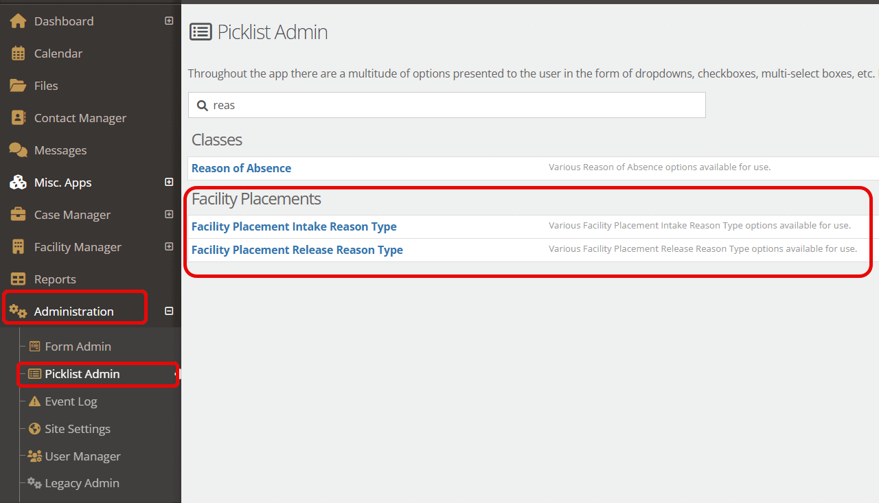 Using the search bar and selecting the field type, you will be able to edit or create new options.