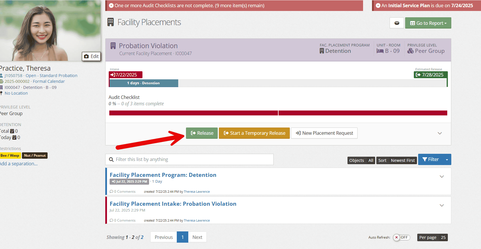 To release a client, select the green "release" button on the facility page.