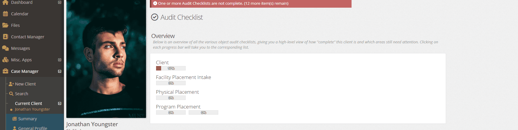 The top portion of the audit checklist page is an overview that shows the overall percentage of required data that you have entered.

Clicking on any of the percentages will take you to the bottom half of the audit checklist. This will give you specifics on what is missing.