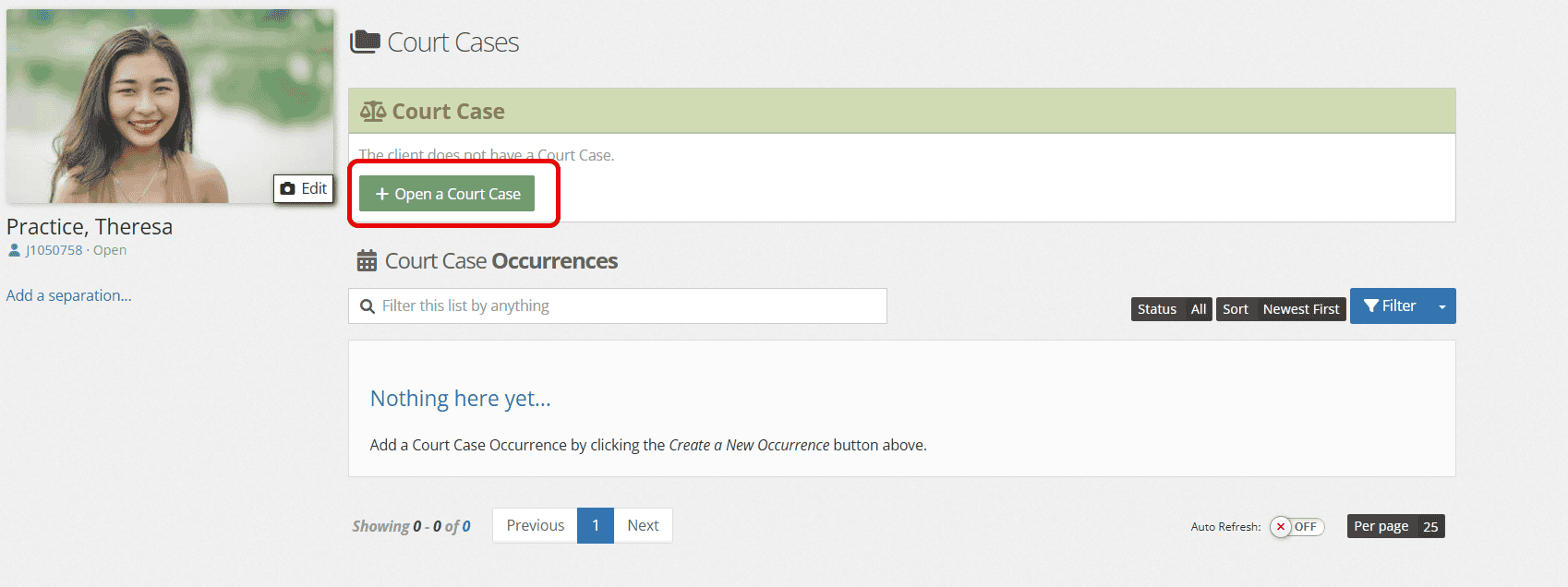 In most situations, youth are given one court case under which court case occurrences are added.  However, if a youth has different case types, multiple court cases and associated court case occurrences can be open at the same time. 

To add the first court case, select the green"open a court case."