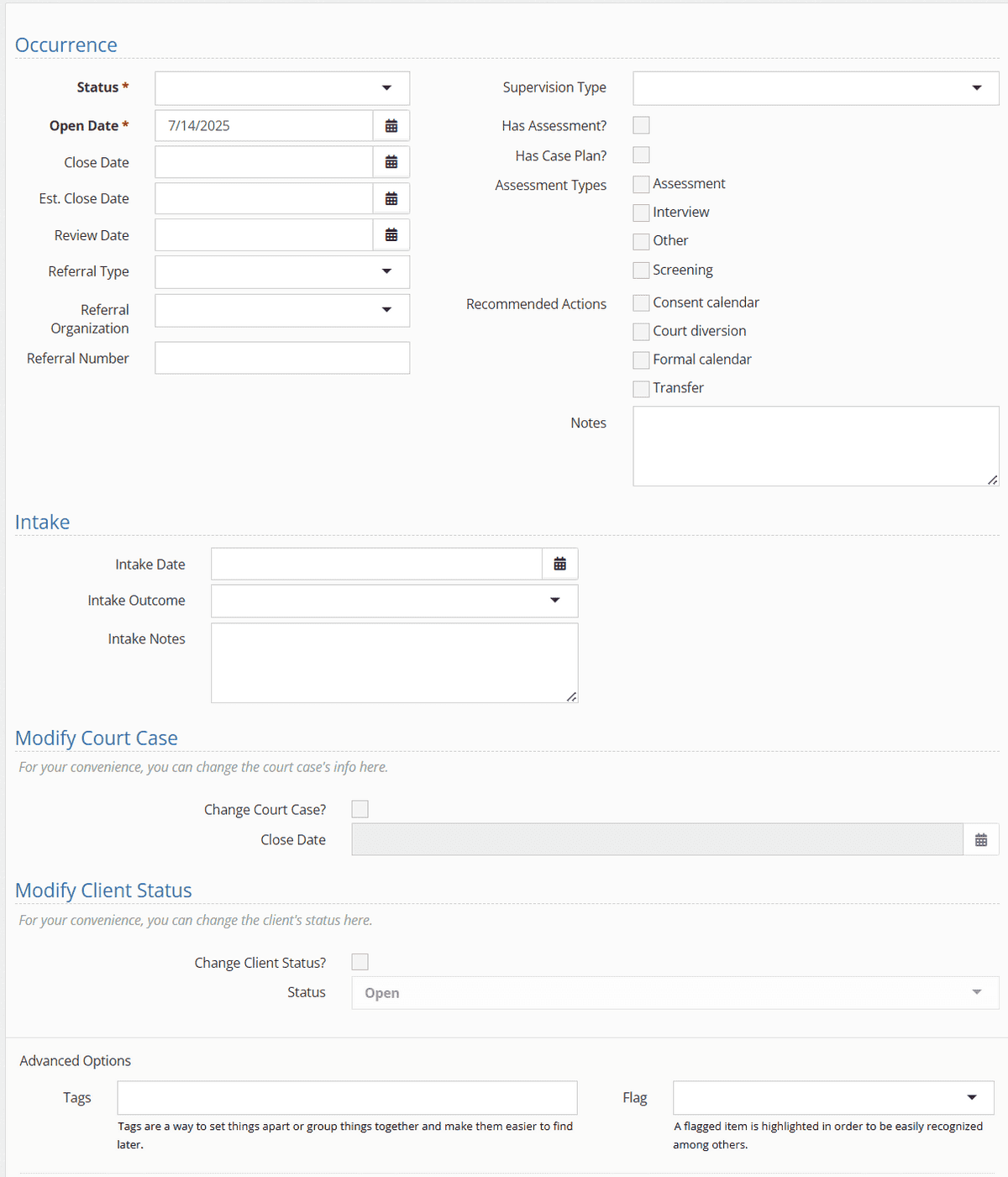 Next, fill in the court case occurrence fields below. Once completed, click Save.