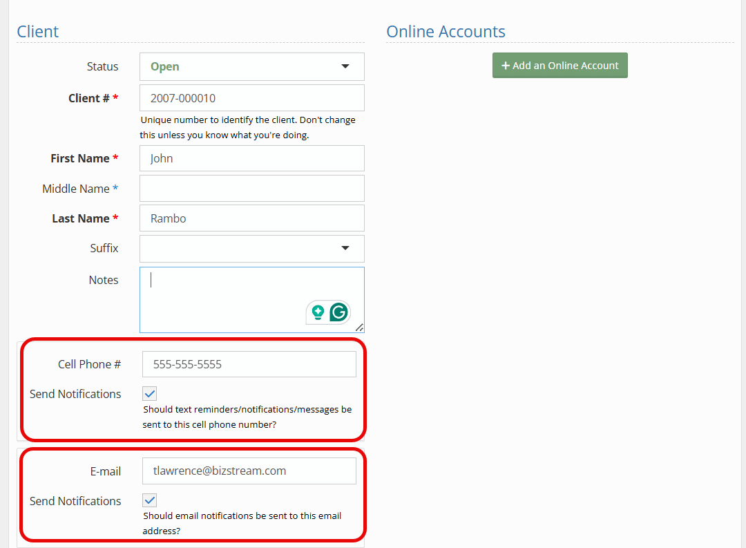 Where the youth's cell phone and email information is stored, select the "send notifications" checkbox that matches your notification needs.