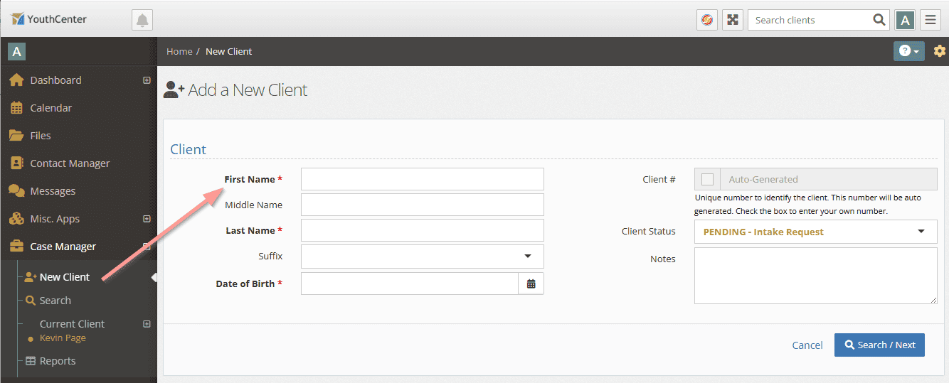 To add a client, use your New Client button from the navigation menu (under Case Manager) on the left or the green "+" button to add New Client from your dashboard.
