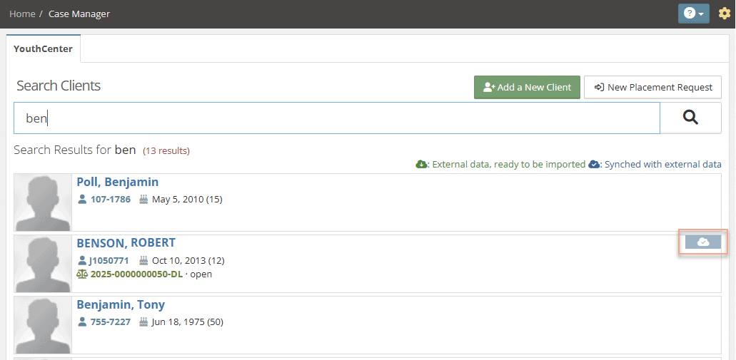 Any client who includes a cloud icon next to their name is connected to the external data source. Here's a client search showing a connected client: