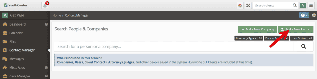 Search People and Companies page with a red arrow graphic pointing to the Add a New Person button.