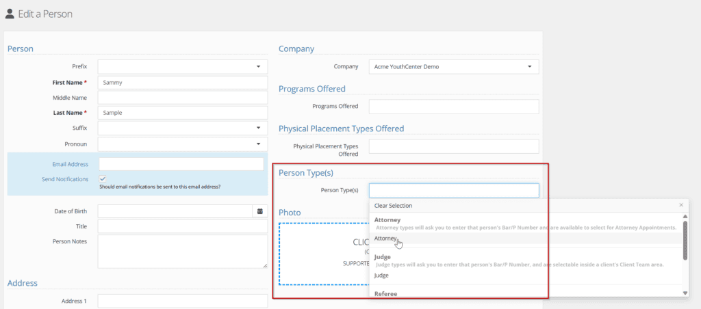 Edit a Person form with a red box graphic around the Person Type(s) field, showing the Attorney option in the dropdown.