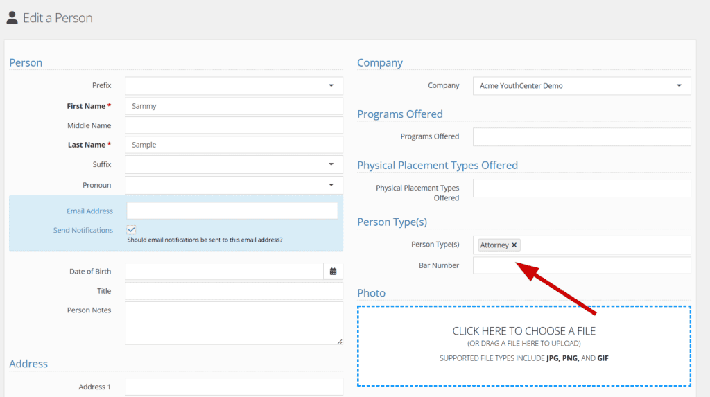 Edit a Person form with Person Type set to Attorney, with a red arrow graphic pointing to the Bar Number field.