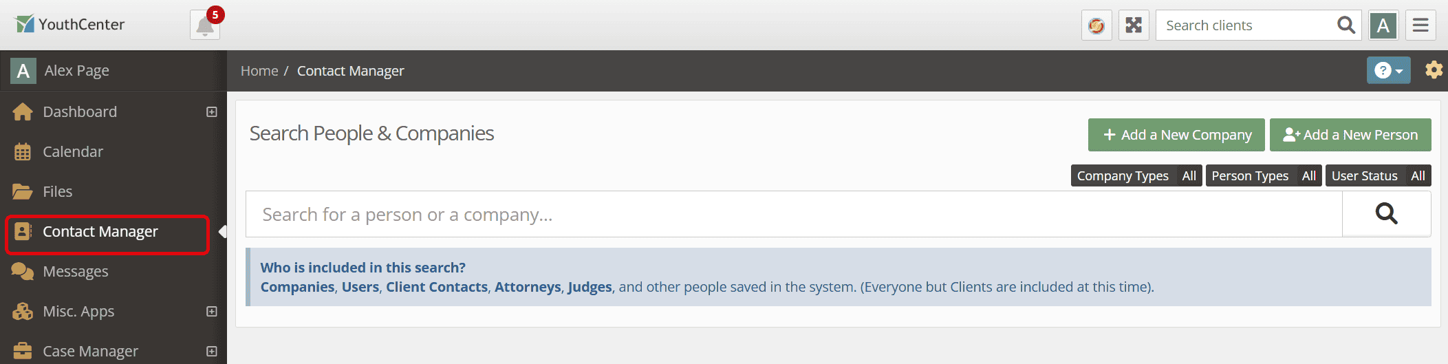 Contact Manager search page with a red box graphic around the Contact Manager menu item in the left navigation.