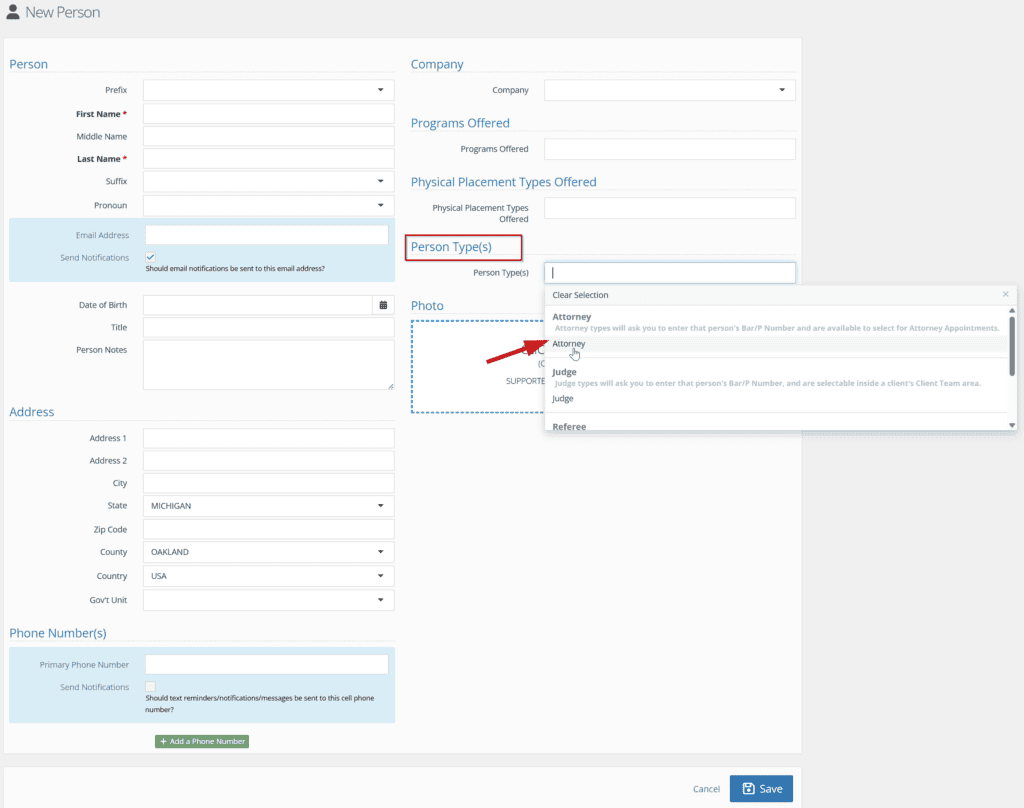 New Person form with a red box graphic around the Person Type(s) field and a red arrow graphic pointing to the Attorney option in the dropdown.