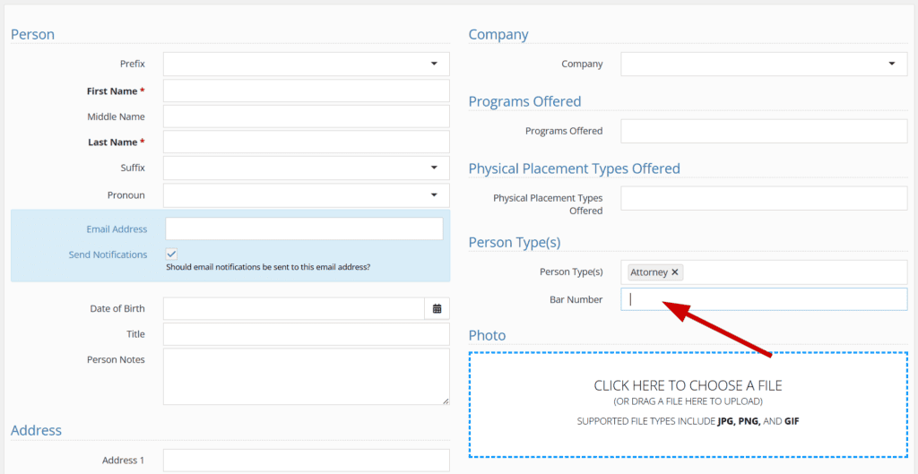 New Person form with Person Type set to Attorney, with a red arrow graphic pointing to the Bar Number field.