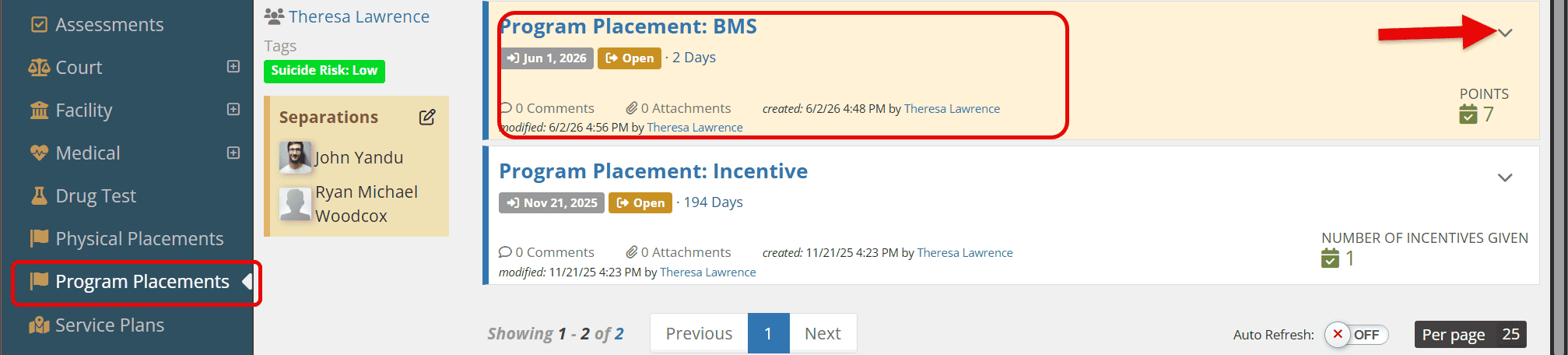 To add or subtract points, select the youth's "program placements."

Click anywhere on the BMS program placement (or alternatively select the down caret and select "view this program placement")