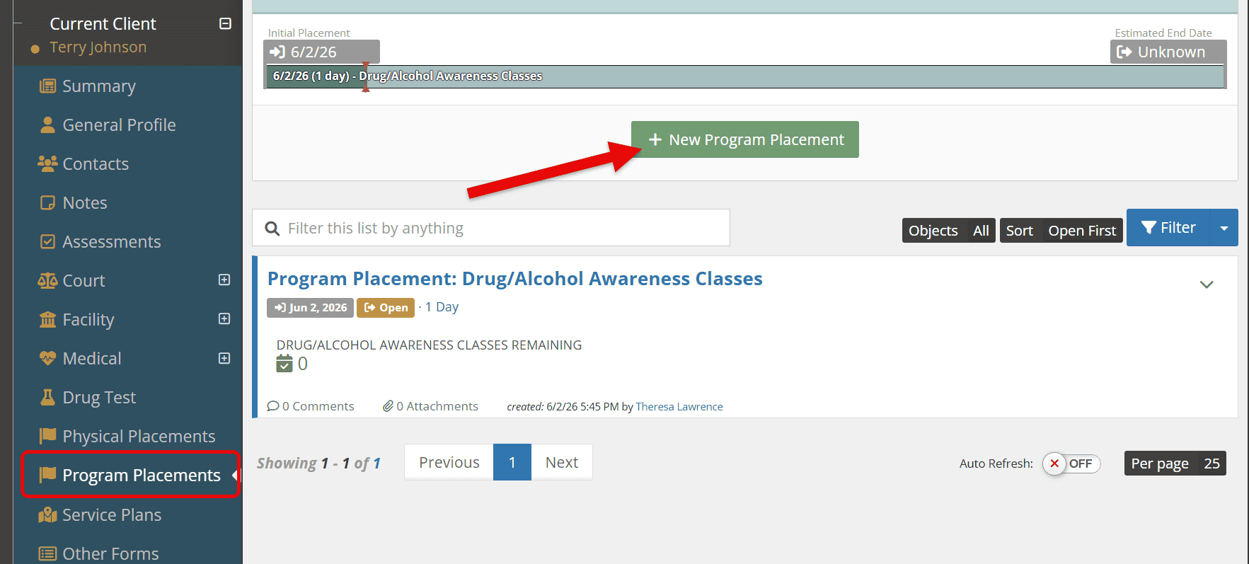 Click on the green "New Program Placement" bar and choose the BMS specific to your team.