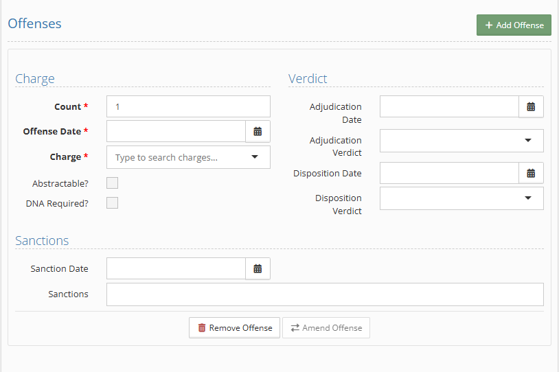 Offenses section of a petition with an "Add Offense" button, showing Charge fields (Count, Offense Date, Charge, Abstractable?, DNA Required?) alongside Verdict fields (Adjudication Date, Adjudication Verdict, Disposition Date, Disposition Verdict) and Sanctions fields (Sanction Date, Sanctions), plus Remove Offense and Amend Offense buttons.