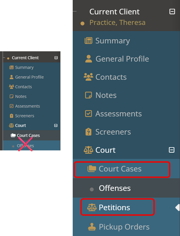 Screenshots comparing two versions of the main menu for YouthCenter. The menu on the left has the Court Cases area expanded, showing the Offenses sub-application with a red graphic x. The menu on the right shows the Court Cases menu highlighted with a red graphic square and the new Petitions sub-applications also highlighted.
