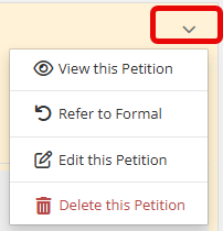 The expanded dropdown menu from a petition card, showing View this Petition, Refer to Formal, Edit this Petition, and Delete this Petition options, with a red box graphic around the down-caret icon.