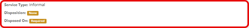 A red box graphic outlining a line of a petition card showing the Service Type, Disposition, and Disposed On status.