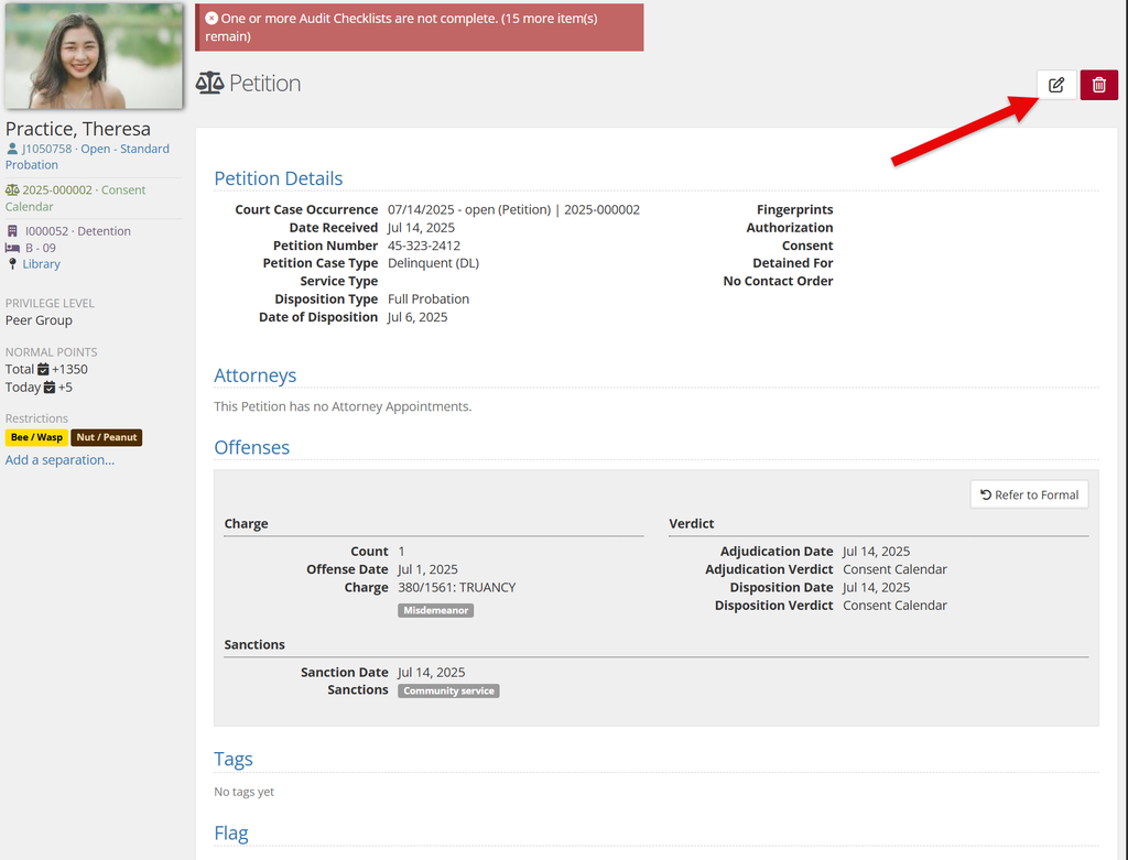 A petition detail page showing Petition Details, Attorneys, Offenses, Tags, and Flag sections, with a red arrow graphic pointing to the edit (pencil) icon in the top right of the page.