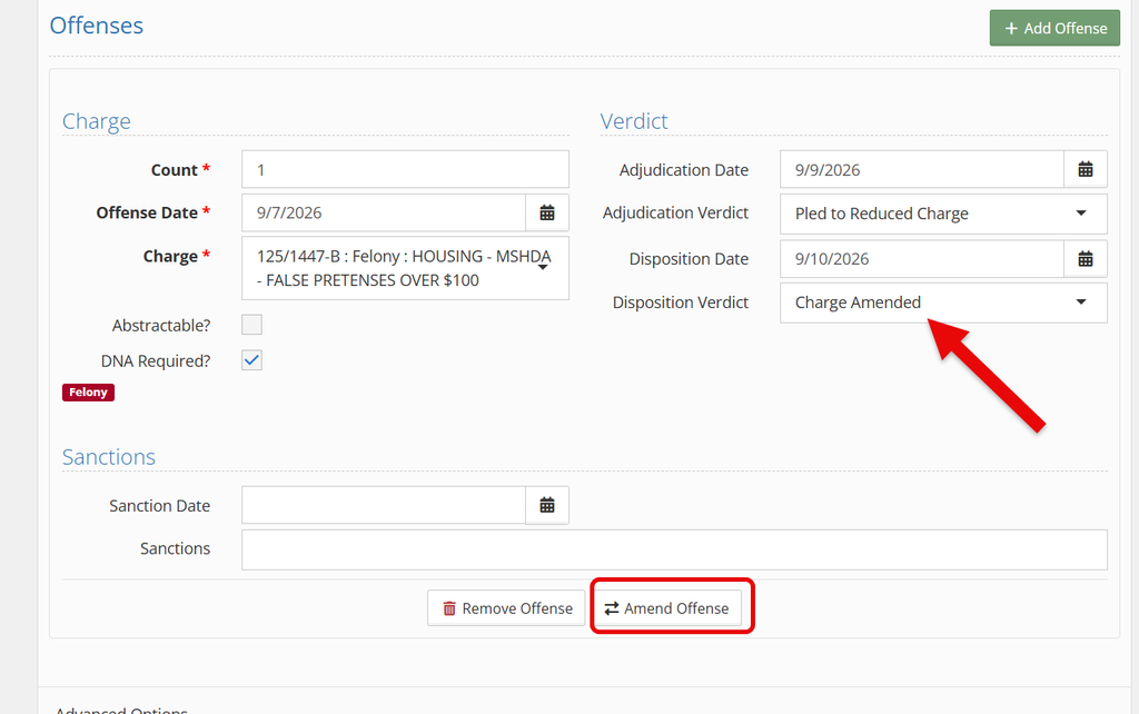 An offense entry showing a felony charge with a Disposition Verdict of "Charge Amended," with a red arrow graphic pointing to the "Amend Offense" button, which is outlined with a red box graphic.