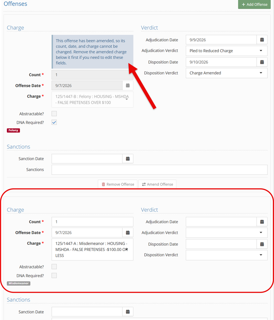 The same offense entry after amending, now showing a note that the original offense's Count, Offense Date, and Charge fields are locked because it has been amended, with a red arrow graphic pointing to that note; below it, outlined with a red box graphic, is the new offense entry created by the amendment with its own blank Charge and Verdict fields.