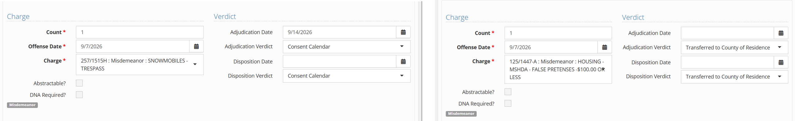 Side-by-side comparison of two offense entries on a petition, one showing a misdemeanor charge with Consent Calendar as both the adjudication and disposition verdict, and the other showing a misdemeanor charge with "Transferred to County of Residence" as the adjudication verdict.