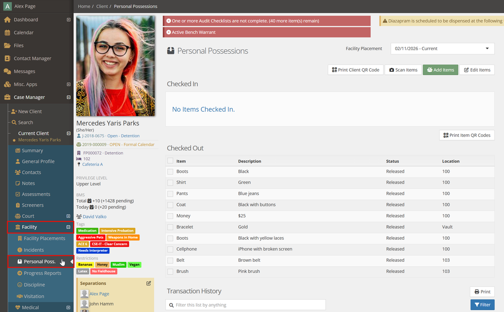 Personal Possessions page for a client with an empty Checked In section and ten released items in the Checked Out list, with the Facility and Personal Poss. items in the left navigation each inside a red box graphic