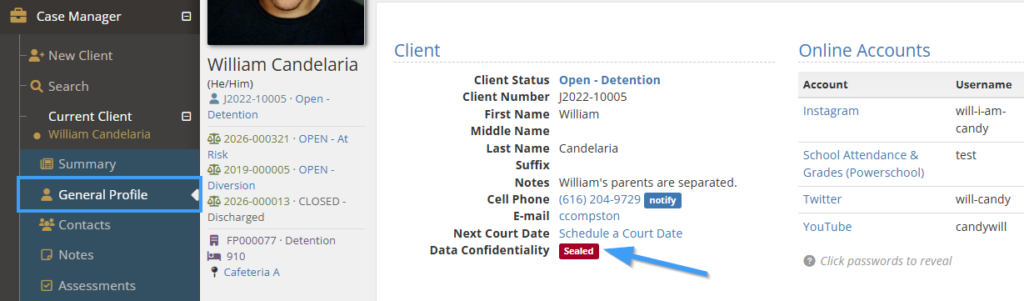 A screenshot of a sample client's Client Profile section with the sidebar's General Profile item highlighted in a blue box. The Data Confidentiality field now shows a red "Sealed" badge and a blue arrow pointing to the Sealed badge.