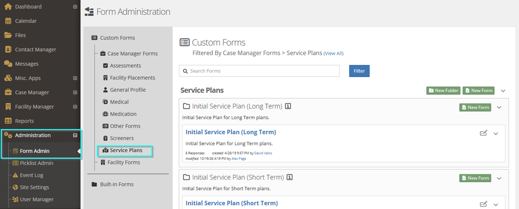 Administration menu expanded with a blue box graphic around Administration and Form Admin, and a blue box graphic around Service Plans in the Case Manager Forms list of the Form Administration page, which lists the Initial Service Plan (Long Term) and Initial Service Plan (Short Term) folders