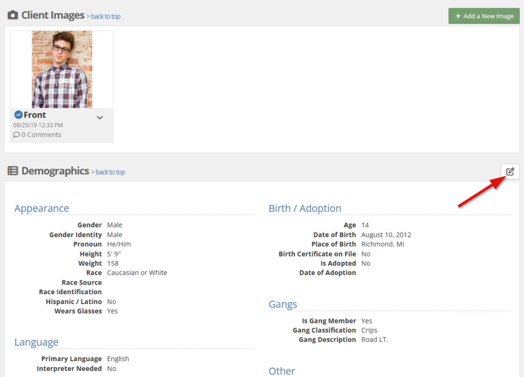 Client Images and Demographics sections of a client's General Profile, with a red arrow graphic pointing to the edit button in the Demographics section header