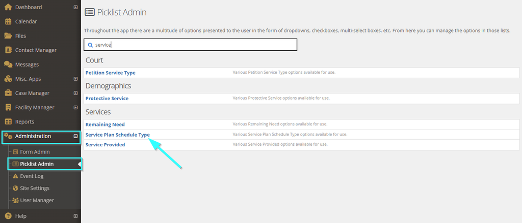 Picklist Admin page filtered by the word service, with blue box graphics around Administration and Picklist Admin in the menu and a blue arrow graphic pointing to Service Plan Schedule Type under Services