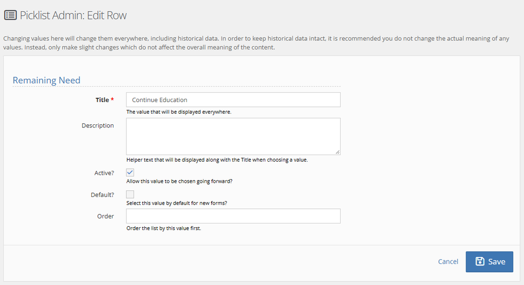 Picklist Admin Edit Row form for the Remaining Need Continue Education with Title, Description, Active, Default, and Order fields and a Save button