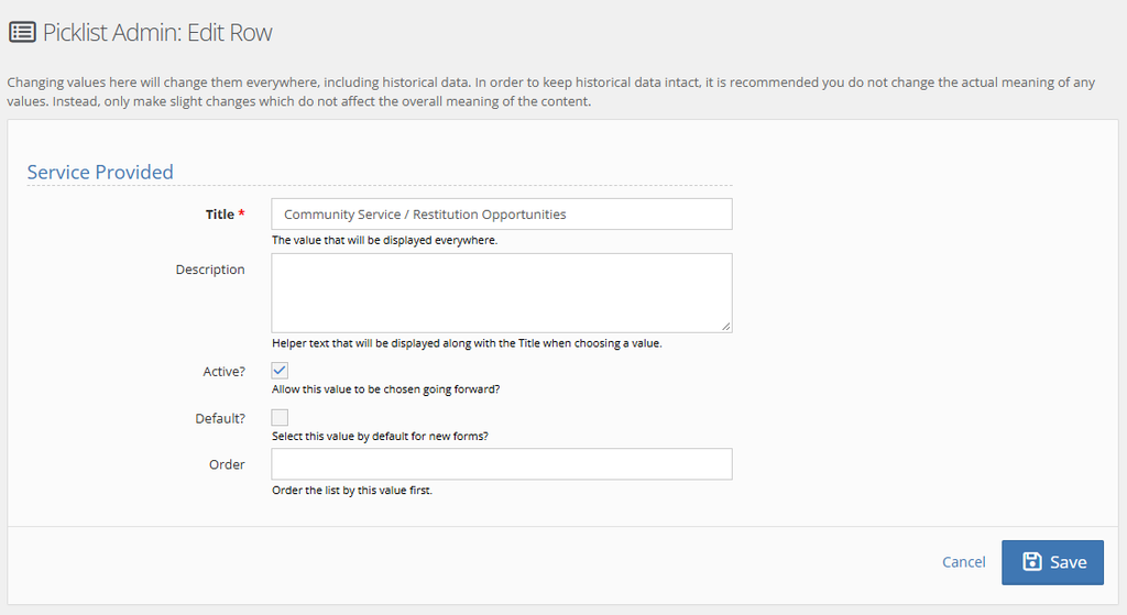 Picklist Admin Edit Row form for the Service Provided Community Service / Restitution Opportunities with Title, Description, Active, Default, and Order fields and a Save button